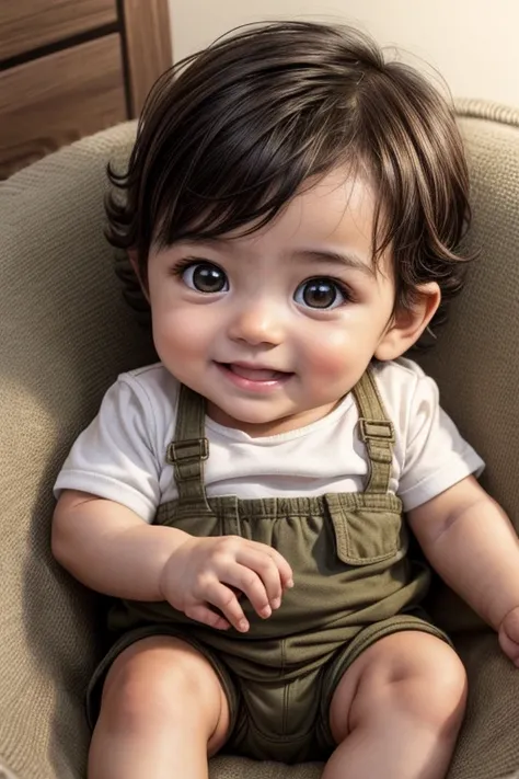 baby boy, 3 month old, dark brown hair, short hair, messy, brown eyes, olive skin, tanned skin, cute smile, 