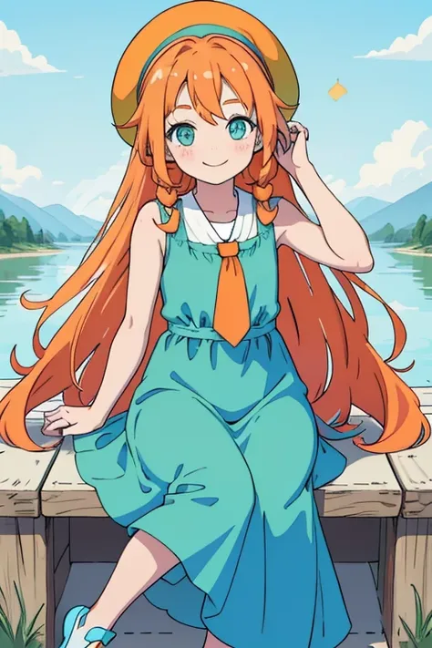 top quality, best quality, light orange dress, sleeveless, light orange hat, light blue hair, very long hair, tied hair ends, light green eyes, red jewel accessory on forehead, blue shoes, little girl, cute, high quality, near the lake, sitting, {{{sun shi...