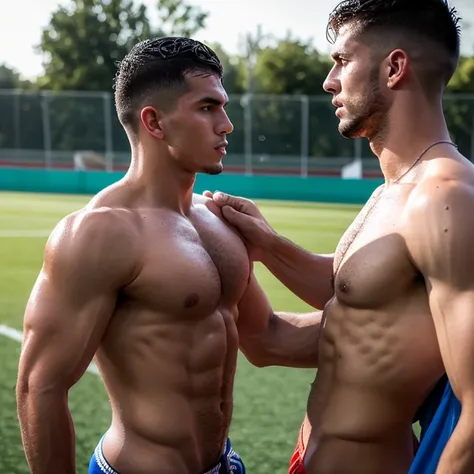 Capitan musculoso de futbol americano  borracho y sin camisa, masturbated and kissed on the mouth by another twink guy smaller and thinner than him, bulto grande, solo en ropa interior, mostrando pectorales y abdominales completos,wet dreams, Great erectio...