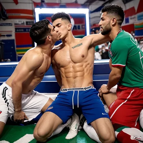 Capitan musculoso de futbol americano  borracho y sin camisa, masturbated and kissed on the mouth by another twink guy smaller and thinner than him, bulto grande, solo en ropa interior, mostrando pectorales y abdominales completos,wet dreams, Great erectio...