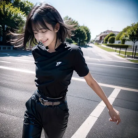 black shirt,black pants,belt,beautiful girl,black hair,wolf cut,bangs,white skin,eyelashes,Swaying piercings,long and wide road,Big blue sky,dynamic lighting,