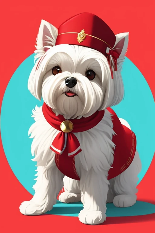 [   (((Create a print art or vector art of just the Maltese Dog))) de pelo muito longo  e cor de pelo albino, brincando com seus Brinquedos em um lindo quarto fofo,  Dog with an expression of happiness when he sees his owner, Cachorro com boca aberta, bree...