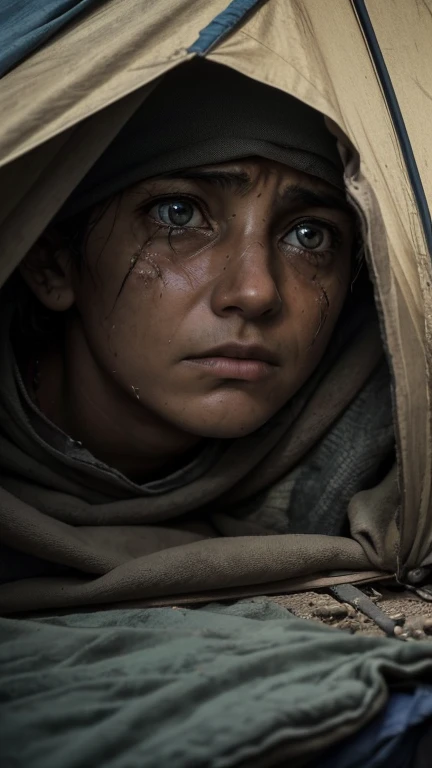 (Quality tags: masterpiece, high resolution, photo-realistic:1.3), a poignant image illustrating the bitter reality within Gazas refugee tents, (weary faces of displaced individuals reflecting the harshness of their situation:1.2), a visual narrative of th...