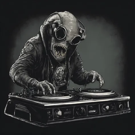 /imagine prompt: Monster alien dj playing turntables illustration for a sticker with a black background, in bold outline style, jagged edges, trashcore, light shading --v 5.2