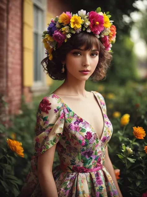 arafed woman , gaze to camera ,  in a colorful dress and flower crown in a garden, her hands on eachother , covered in flowers, covered with flowers, woman in flowers, floral couture, dressed in a flower dress, by Marie Bashkirtseff, girl in flowers, wrapp...