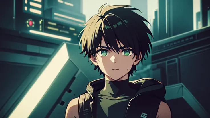 1boy, messy dark hair, bright green eyes, wearing futuristic worn attire, dystopian Bladerunner setting, introspective, high res, ultra sharp, 8K, masterpiece, looking at viewer