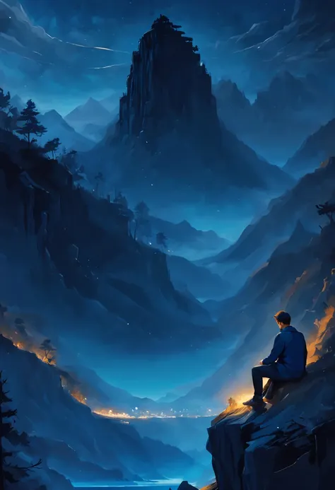 sad man is sitting at cliff with beautiful view on nature at night, middle down placing of sad man, man from behind, blue style, masterful composition, artistic fantasy, composition, amazing composition, beautiful composition