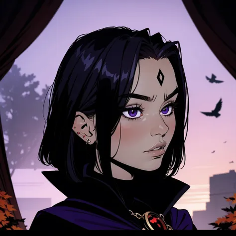 Raven,  titans, hooded, goth girl, autumn forest background, detailed, detailed, detailed, beautiful, detail, goth girl, masterpiece, purple clothes, red jewel centre head, dark night background, gothic, goth, goth, detailed, goth girl, piercings, detailed...