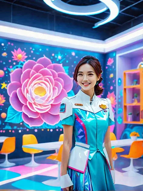 Transforming the depiction of the dream girlfriend as a kindergarten teacher into a futuristic, sci-fi style. She still embodies wisdom, beauty, and diligence, but now in a technologically advanced setting. Her sweet and comforting smile remains, now enhan...