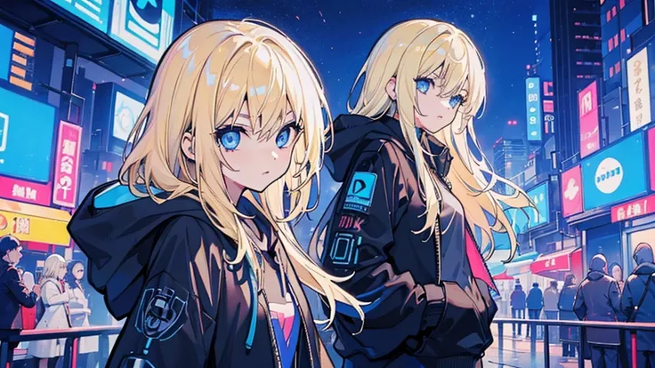 (1 girl, blonde hair, blue eyes, black hoodie, sports car, kawaii), (blue cyberpunk, night city, blue neon)