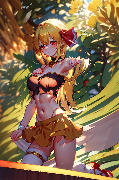 (masterpiece, best quality),best quality, (ultra-detailed), (3heads:1.4), 1girl, (rumia:1.3), masterpiece, best quality, black top, crop top, ((stomach)), midriff, ((groin)), black skirt, normal ears, shackles, blonde hair, very long hair, wavy hair, sidel...