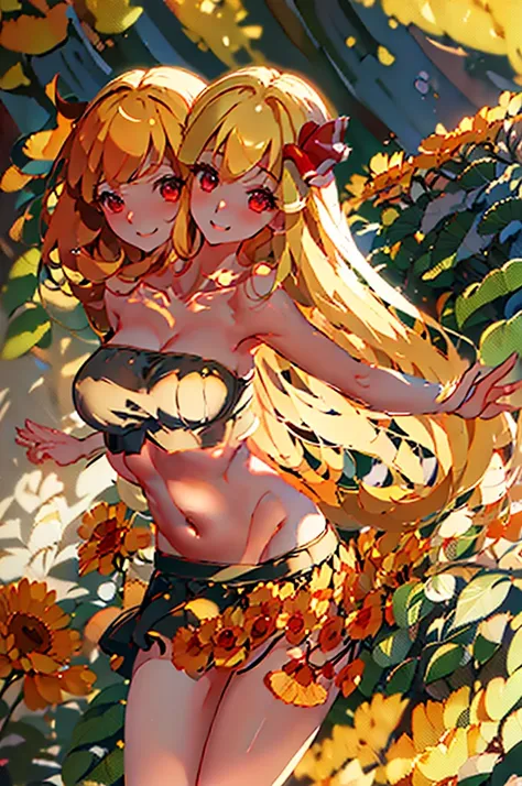 (masterpiece, best quality),best quality, (ultra-detailed), (3heads:1.4), 1girl, (rumia:1.3), masterpiece, best quality, black top, crop top, ((stomach)), midriff, ((groin)), black skirt, normal ears, shackles, blonde hair, very long hair, wavy hair, sidel...