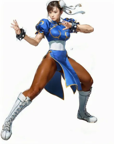 a close up of a person in a blue outfit holding a sword, portrait of chun - li, chun li, chun - li, chun-li, portrait of chun li, fighting game character, fighter pose, fighting pose, fight pose, chun li at the gym, fighting stance, character from king of ...