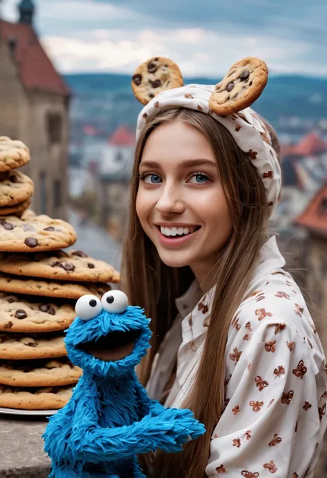 "Cookie Monster" next to stunning ponytailed Czech anorexic sexy woman,(best quality,4k,8k,highres,masterpiece:1.2),ultra-detailed,portraits,girl with cookie-shaped hat,blue fur,amazing scenery of a cookie factory,delicious chocolate chip cookies,freshly b...