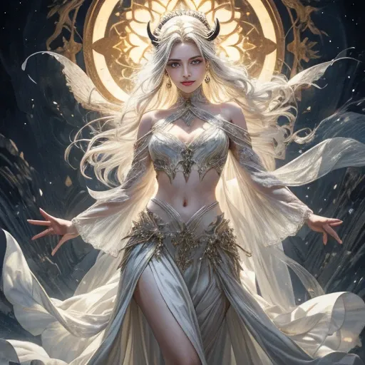 A young demon, 23 anos, with a mesmerizing blend of ETHereal beauty and devilish allure. Esta obra-prima de arte, captured in the highest quality resolution, depicts a single figure with ivory-white hair cascading down her shoulders, contrastando lindament...