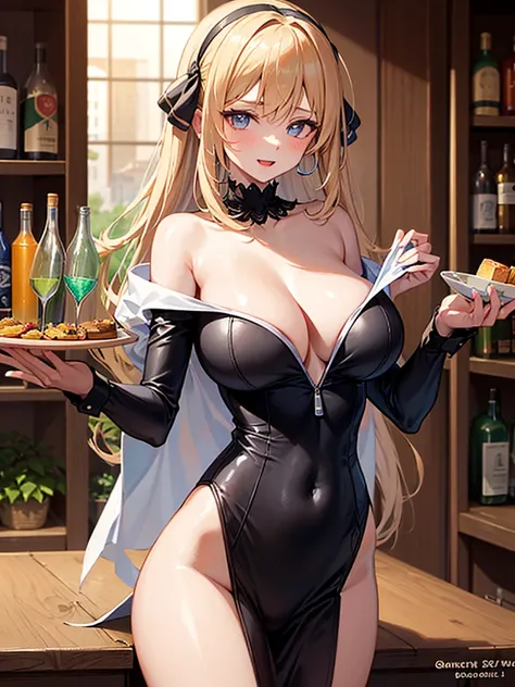 1girl, mature woman, big breasts, blond hair, hoop earrings, medieval clothing with a cutout on the chest and crotch and areolas and vagina exposed, nude, nsfw, spread vagina, medieval bar, villagers, cheerful atmosphere in the bar, girl serving staff in t...