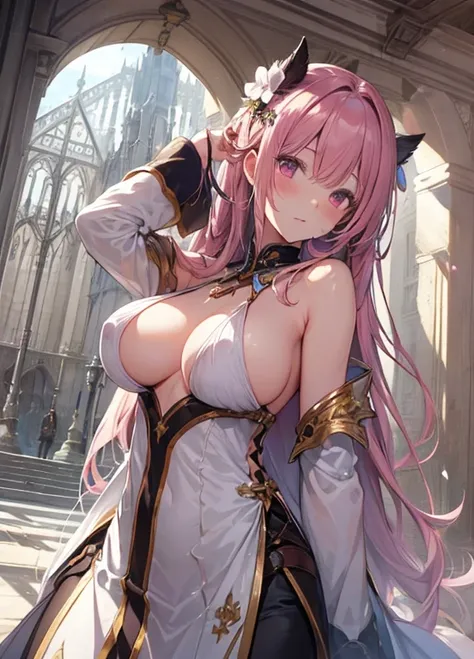 A masterpiece of literary text、maximum quality、Asuna(stars)、1女の子、armature、bare shoulder、blushed、breastplate、Pink eyes、Pink Hair、The dress、Luxurious dresses、Lambent Light、slong hair、Watch your audience、Golden Ribbon、ribbons、scabbard、Very long hair white arm...