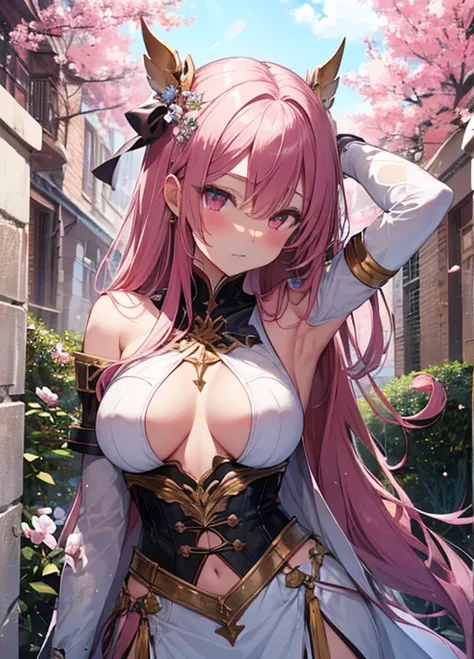 A masterpiece of literary text、maximum quality、Asuna(stars)、1女の子、armature、bare shoulder、blushed、breastplate、Pink eyes、Pink Hair、The dress、Luxurious dresses、Lambent Light、slong hair、Watch your audience、Golden Ribbon、ribbons、scabbard、Very long hair white arm...