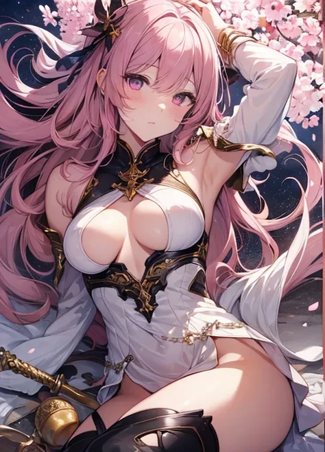 A masterpiece of literary text、maximum quality、Asuna(stars)、1女の子、armature、bare shoulder、blushed、breastplate、Pink eyes、Pink Hair、The dress、Luxurious dresses、Lambent Light、slong hair、Watch your audience、Golden Ribbon、ribbons、scabbard、Very long hair white arm...