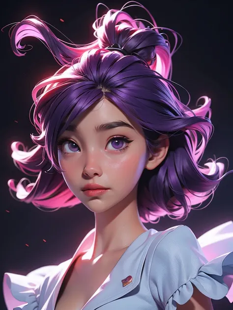 dynamic lighting, princess peach, natural lighting, Subsurface scattering, atmospheric perspective, retina, best quality, purple hair, wind blowing, swirls, particles