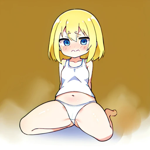 cute loli、barefoot、lower one&#39;s stomach、Head up、yellow hair、blue eyes、shift dress、white panties、Big eyes、Cute faces in anime、View the book、Cross-legged、women stink、fart、Gas comes out of the butt、put pressure on your face、lots of gas、My body trembles