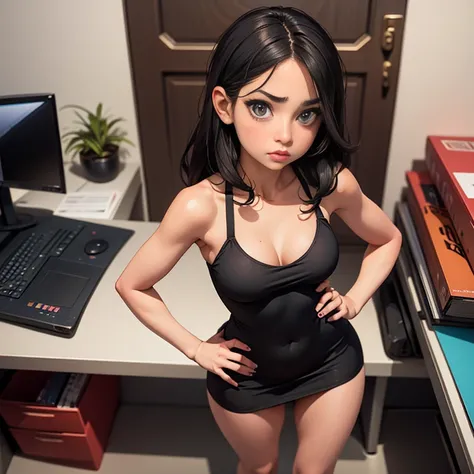 Beautiful short latin girl in her twenties, full body, huge boobs, thin, small waist, round ass. Perfect face, big eyes, lifeless gaze, little nose, full lips, confusion expression, lips lightly open. Wearing a little black dress in an office