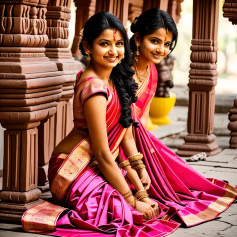 South Indian 25 years old lady in a temple with traditional soft clothes in long hair wearing saree covering her full body and she is praying to Indian God.