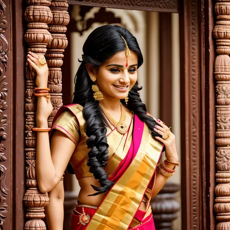 South Indian 25 years old lady in a temple with traditional soft clothes in long hair wearing saree covering her full body and she is praying to Indian God.