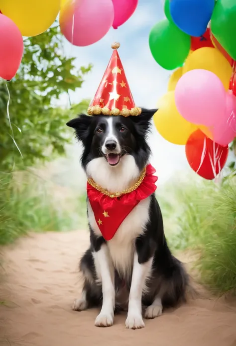 8k，obra-prima，alta qualidade，Collie or border collie dog, He wears cute princess clothes and wears an imperial lady hat. The dog holds several strings of colorful balloons from a children&#39;s party in his mouth., the dog has neon wings on its back , ele ...