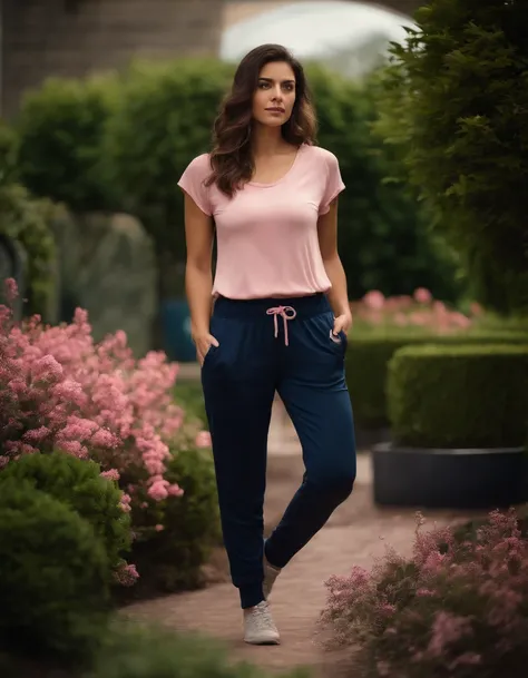 garden environment attracts a realistic 25 year old woman, usando uma blusa rosa reta, de manga curta, dark blue jogger pants  