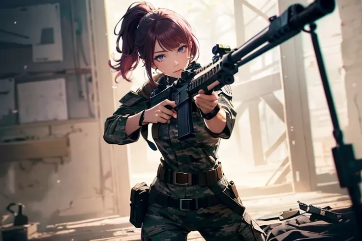 (masterpiece), (Cowboy of the highest quality_shot), A woman aiming with a rifle, length_ponytail pink hair, One eye on a rifle_scoop, Wearing camouflage pattern clothing, lying on the ground, detailed beautiful eyes, detailed gorgeous face, perfect anatom...