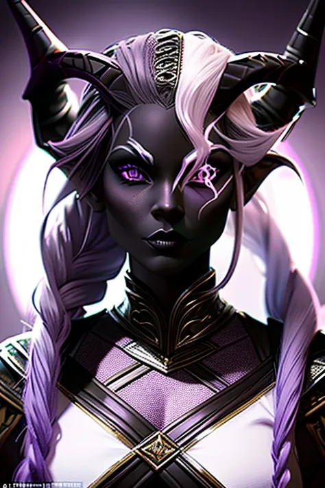 tiefling women artificer with black skin color and purple hair in a frozen wasteland