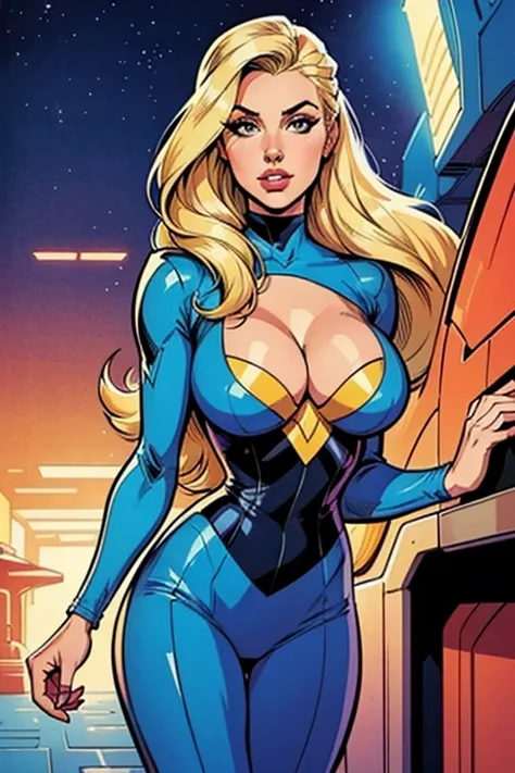 High quality, comics style,retro futurism woman,fashion style,blonde long hair, beautiful face,long eyelashes,cleavage,tight látex suit