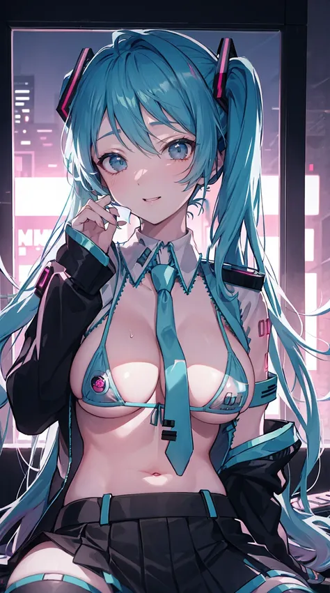 portrait of emb-haiz, pretty face, Cyberpunk city at night. masterpiece,micro bikini,  Hatsune Miku, dramatic lighting, (badge:1.2).blue tie，White shirt，Sexual seduction，Sex life，girl on top，Open abdomen，big bust