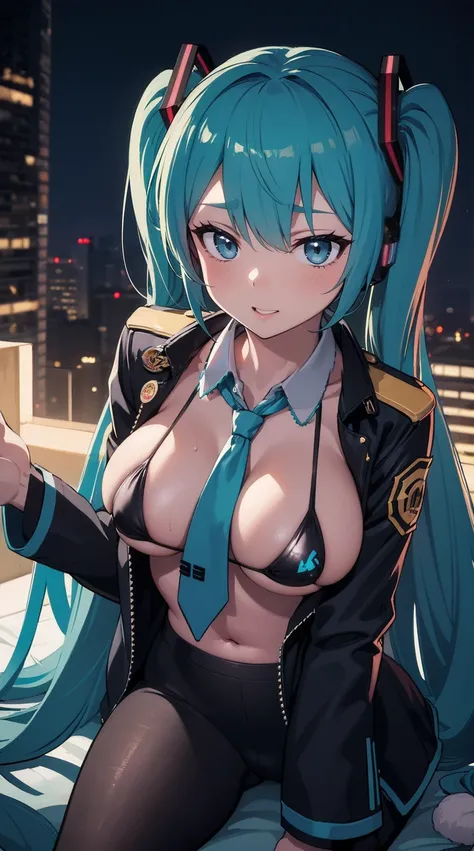 portrait of emb-haiz, pretty face, Cyberpunk city at night. masterpiece,micro bikini,  Hatsune Miku, dramatic lighting, (badge:1.2).blue tie，，Sexual seduction，Sex life，girl on top，Open abdomen，big bust