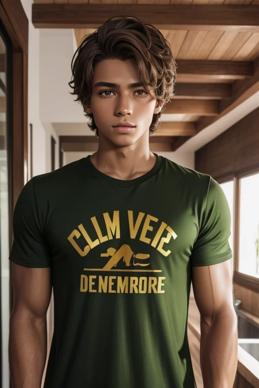 homem de 16 anos, pele levemente bronzeada, slightly messy light brown hair, olhos verdes, ATHLETIC BODY, Camiseta vermelha, Camisa preta, no quarto