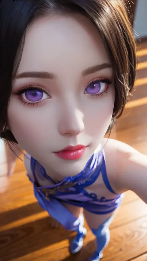 a female anime girl is standing on a hardwood floor, in the style of light violet and dark gold, porcelain, hyper-realistic portraits, celestialpunk, he jiaying, heistcore, close up 