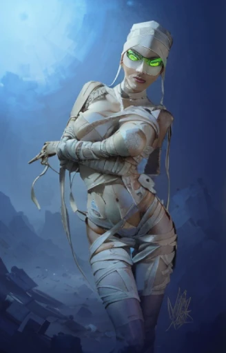 a drawing of a woman with a bandage wrapped around her body, mummy portrait, style of peter mohrbacher, mummified in bandages, female humanoid creature, graphic artist peter mohrbacher, in style of peter mohrbacher, beautiful full body concept art, peter m...