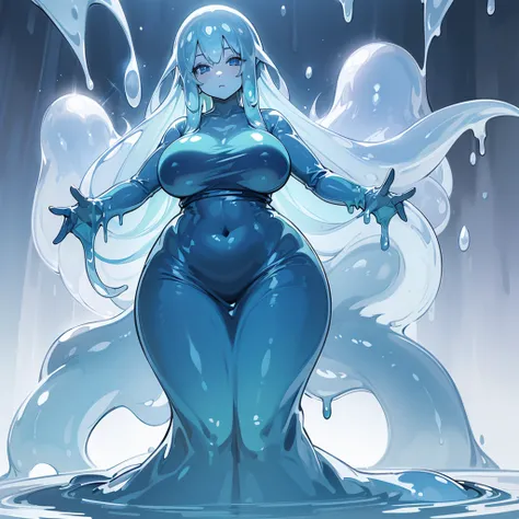 (((Slime Woman Alone))),(((Transparent skin))),(((Water Hair))),(((Blue eyes))),(Curvy body),(((Beautiful dress)))