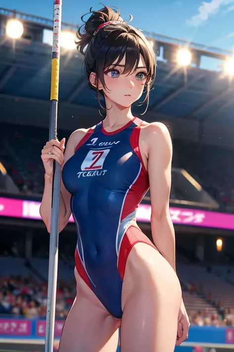 pole vault、beautiful mature woman、arena、athlete、nervous look、cute、Beauty、shortcut、suppress light