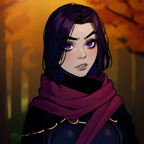 Raven,  titans, hooded, goth girl, autumn forest background, detailed, detailed, detailed, beautiful, detail, goth girl, masterpiece, purple clothes, red jewel centre head, dark night background, gothic, goth, goth, detailed, goth girl, piercings, detailed...