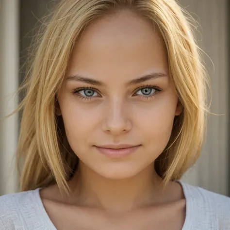 Realistic face of a girl with blonde hair, Without a smile