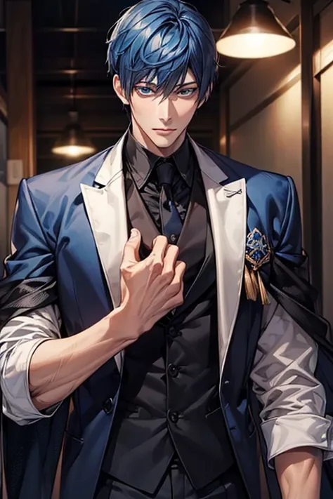 ((muste piece)), ((best quality)), ((brown skin)), ((dark blue eyes)), ((Dark blue hair))、handsome man , ((short hair)), masculine、tall、sexy、Adult man、Three white eyes、handsome man、firmly、muscular、broad shoulders、wild、とてもwild、(((black suit))、 (highest qual...