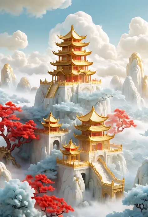 gold and red, a palace in the sky, chinese jade, golden palace, white clouds, fairyland,
mist, big scene, in the style of deep w...