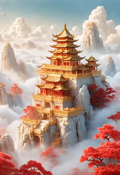 gold and red, a palace in the sky, chinese jade, golden palace, white clouds, fairyland,
mist, big scene, in the style of deep w...