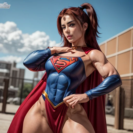 Super girl: A powerful and muscular woman, dressed in a vibrant and stylish superhero suit. Her hair, a rich shade of red, is short and curls around her shoulders. Her face is angular and defined, with determined eyes and a confident smile. Her muscles rip...