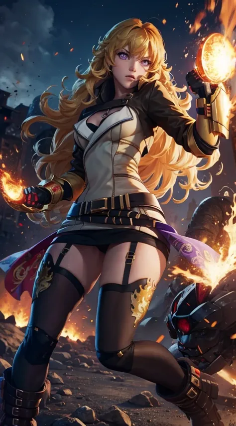 masterpiece,best quality,CG,wallpaper,HDR,high quality,high-definition,extremely detailed,(1girl), Yang Xiao Long, red eyes, absurdly long hair, large breasts, (yanghntr), jacket, thighhighs, garter straps, ahoge, belt, boots, black skirt, night, angry, ga...