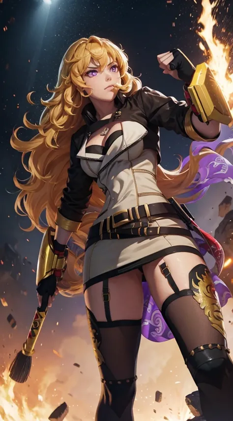 masterpiece,best quality,CG,wallpaper,HDR,high quality,high-definition,extremely detailed,(1girl), Yang Xiao Long, red eyes, absurdly long hair, large breasts, (yanghntr), jacket, thighhighs, garter straps, ahoge, belt, boots, black skirt, night, angry, ga...