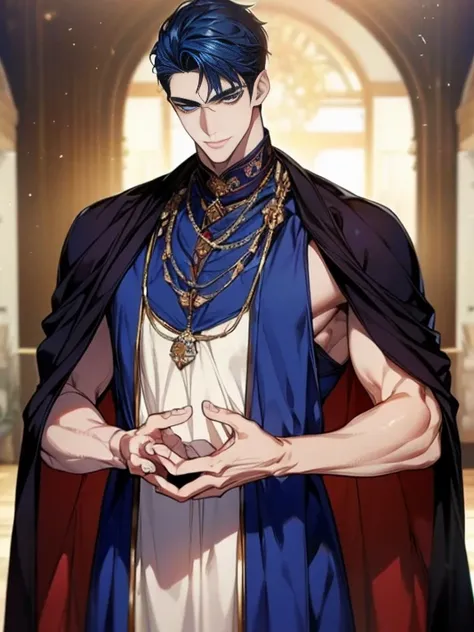 ((muste piece)), ((best quality)), ((brown skin)), ((dark blue eyes)), ((Dark blue hair))、handsome man , ((short hair)), masculine、tall、sexy、Adult man、Three white eyes、handsome man、firmly、muscular、broad shoulders、smile、wild、とてもwild、(((long gown))、 (highest...