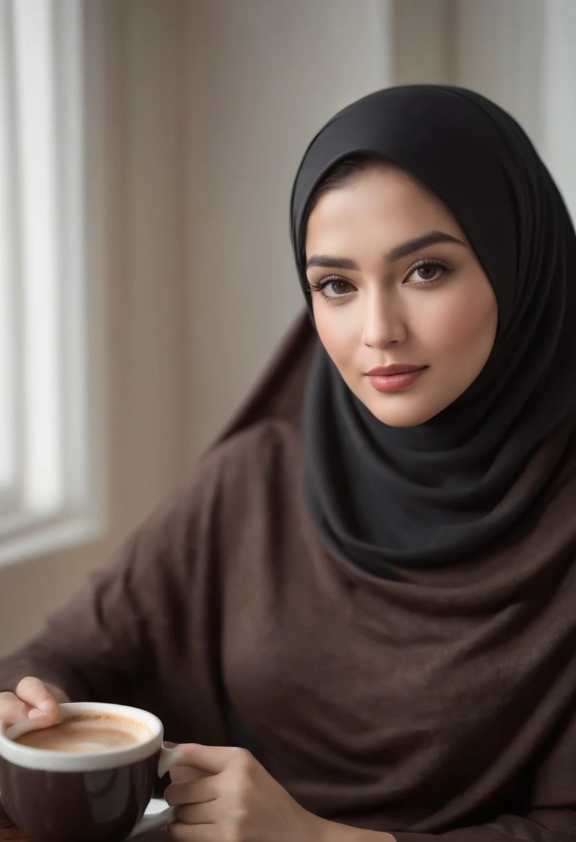 full body photo of a beautiful woman, 29 years old, originally from Indonesia wearing a long stylish brown and black hijab and black trousers, detailed face, perfectly proportional body. sitting pose facing the window, shady face, holding a coffee cup, whi...